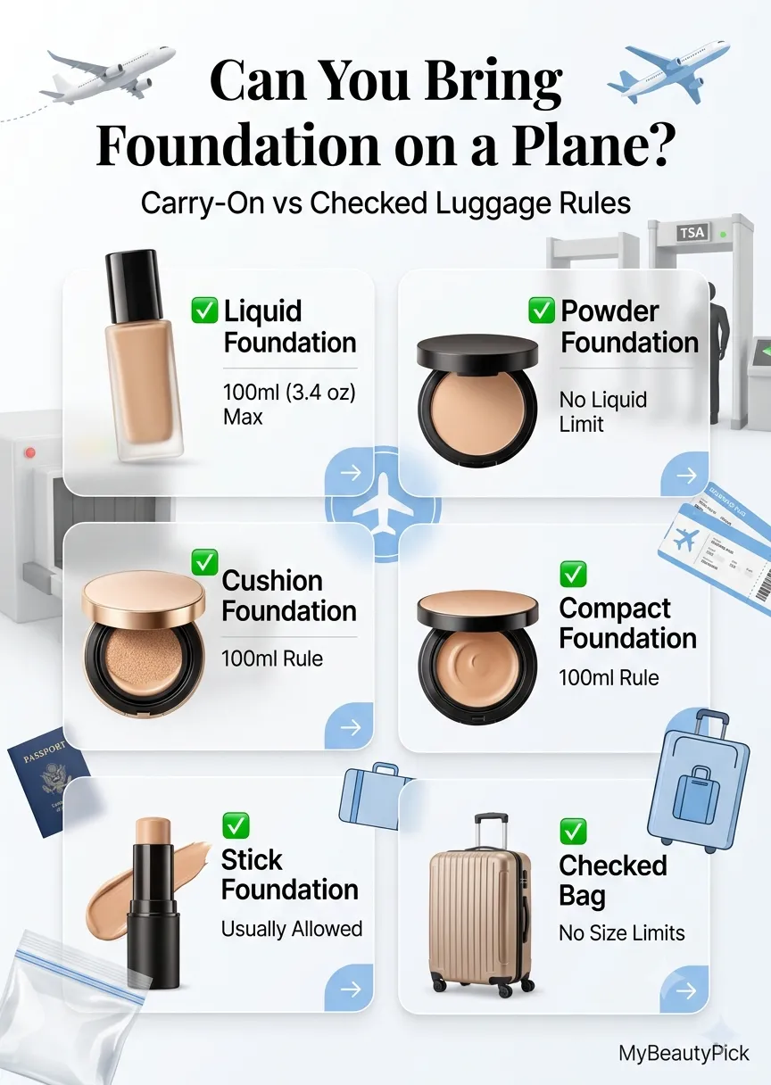 Can You Bring Foundation on a Plane? TSA Rules and Travel Tips 2 Can you bring foundation on a plane — carry-on vs checked luggage rules for liquid, powder, cushion, compact and stick foundation