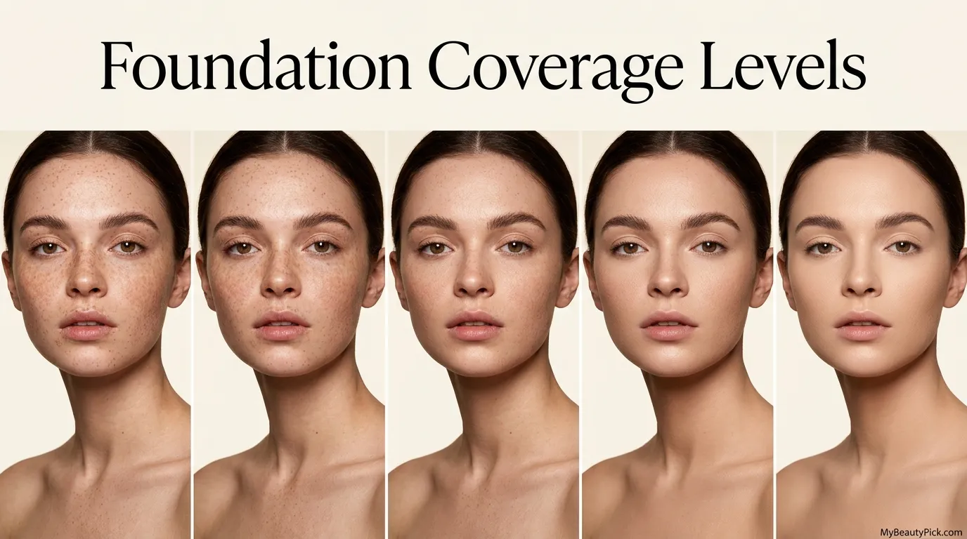 Foundation coverage levels — bare skin to sheer, light, medium and full coverage