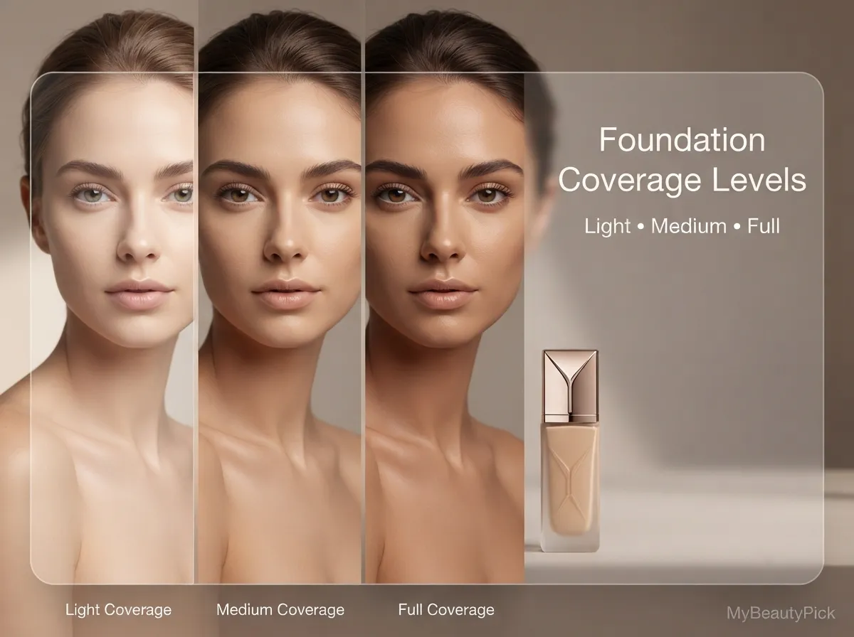 Foundation coverage levels compared — light, medium and full coverage on the same face