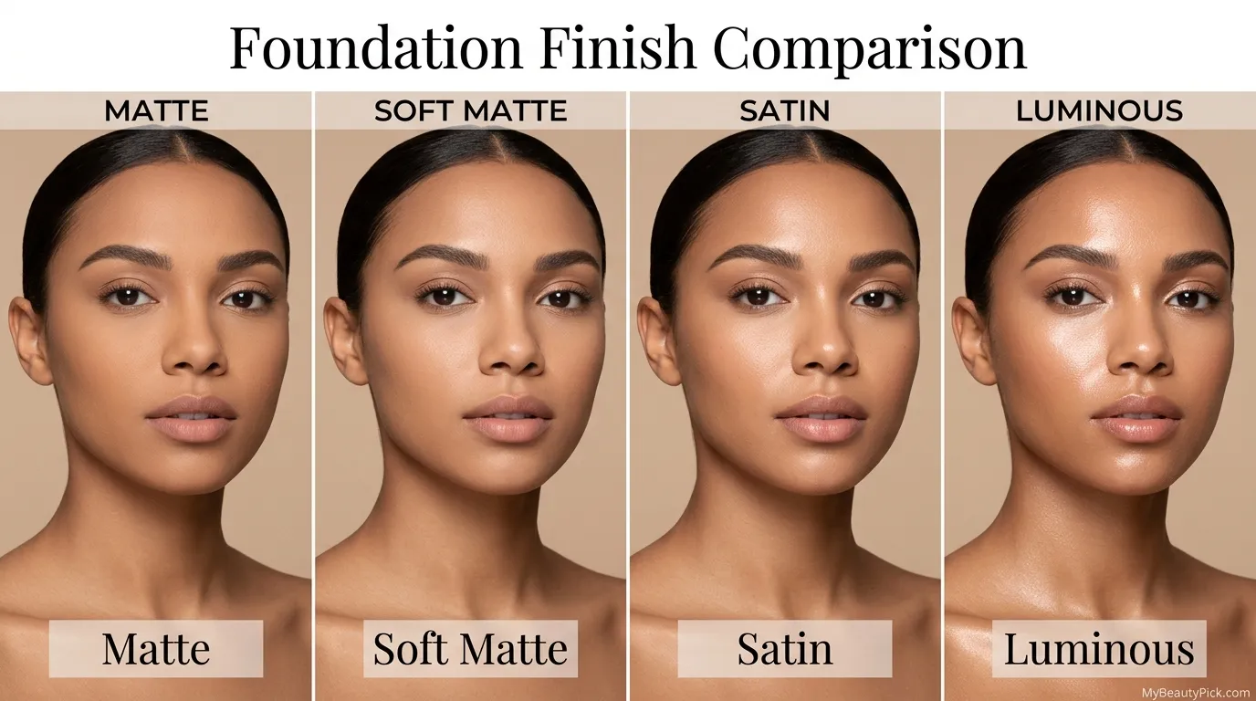 Foundation finish comparison — matte, soft matte, satin and luminous on the same face