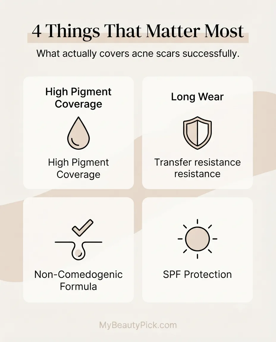 4 things that matter most in a foundation for acne scars: pigment coverage, long wear, non-comedogenic formula, SPF