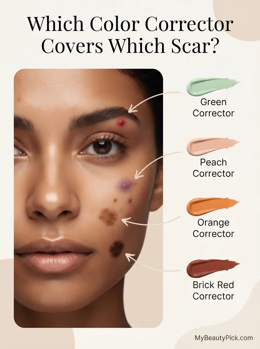Which color corrector covers which type of acne scar: green, peach, orange, brick red