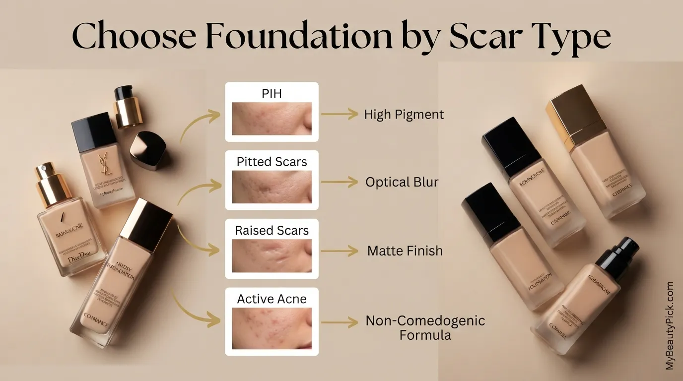 Choose foundation by scar type: PIH, pitted scars, raised scars, active acne