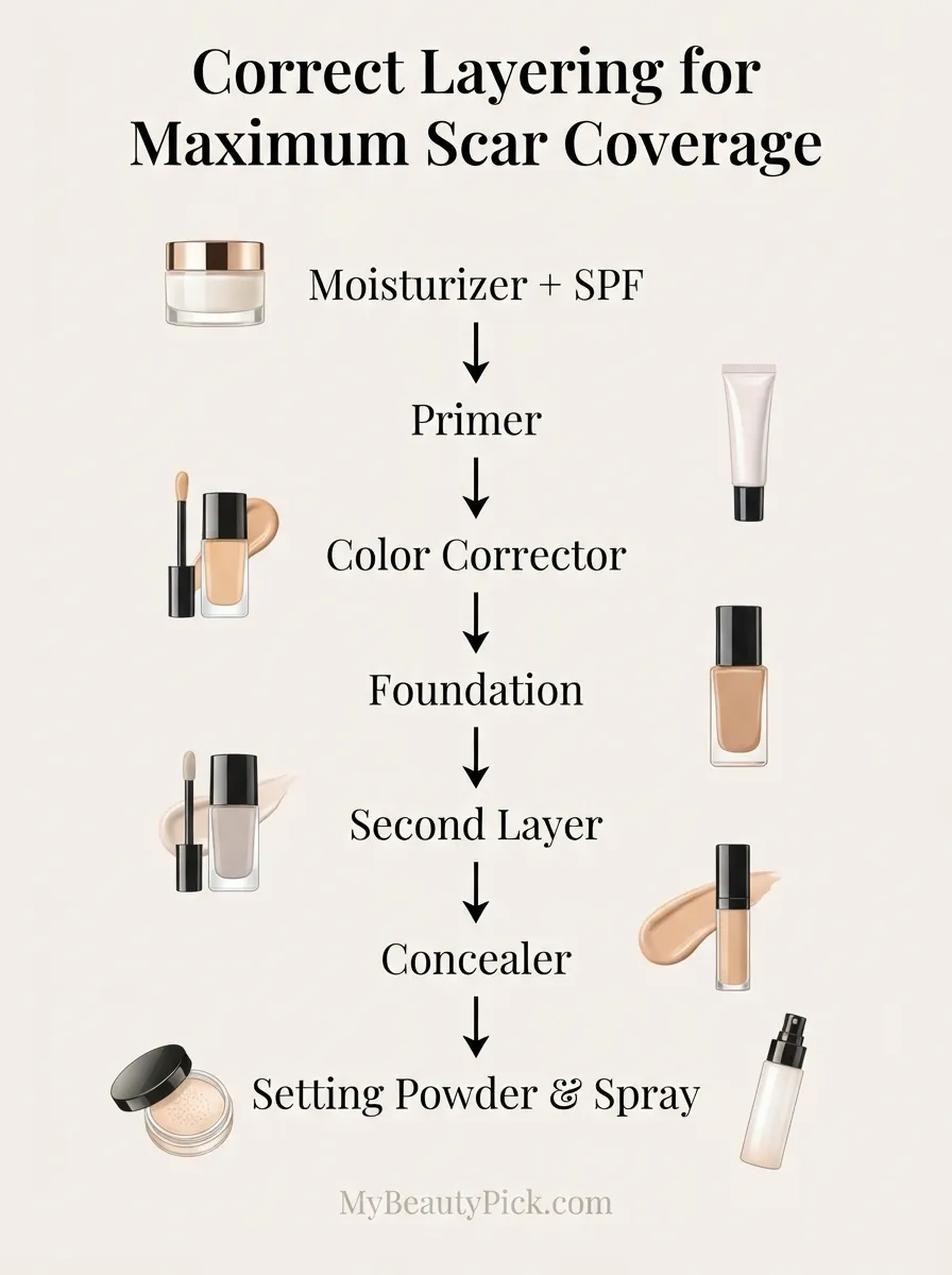Correct layering for maximum acne scar coverage: moisturizer, primer, corrector, foundation, concealer, powder