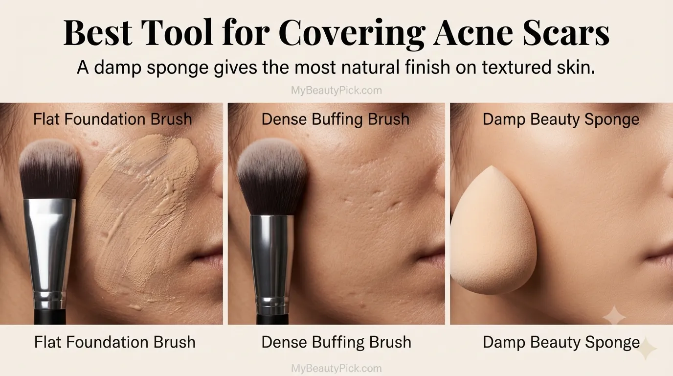 Best tool for covering acne scars: flat foundation brush, dense buffing brush, damp beauty sponge