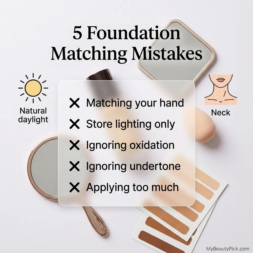 Five foundation matching mistakes — matching your hand, store lighting only, ignoring oxidation, ignoring undertone and applying too much