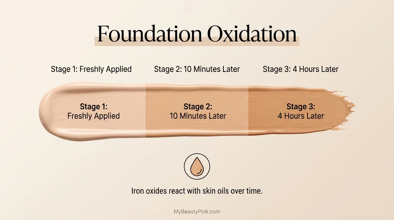 Foundation oxidation stages — freshly applied, 10 minutes later and 4 hours later as iron oxides react with skin oils