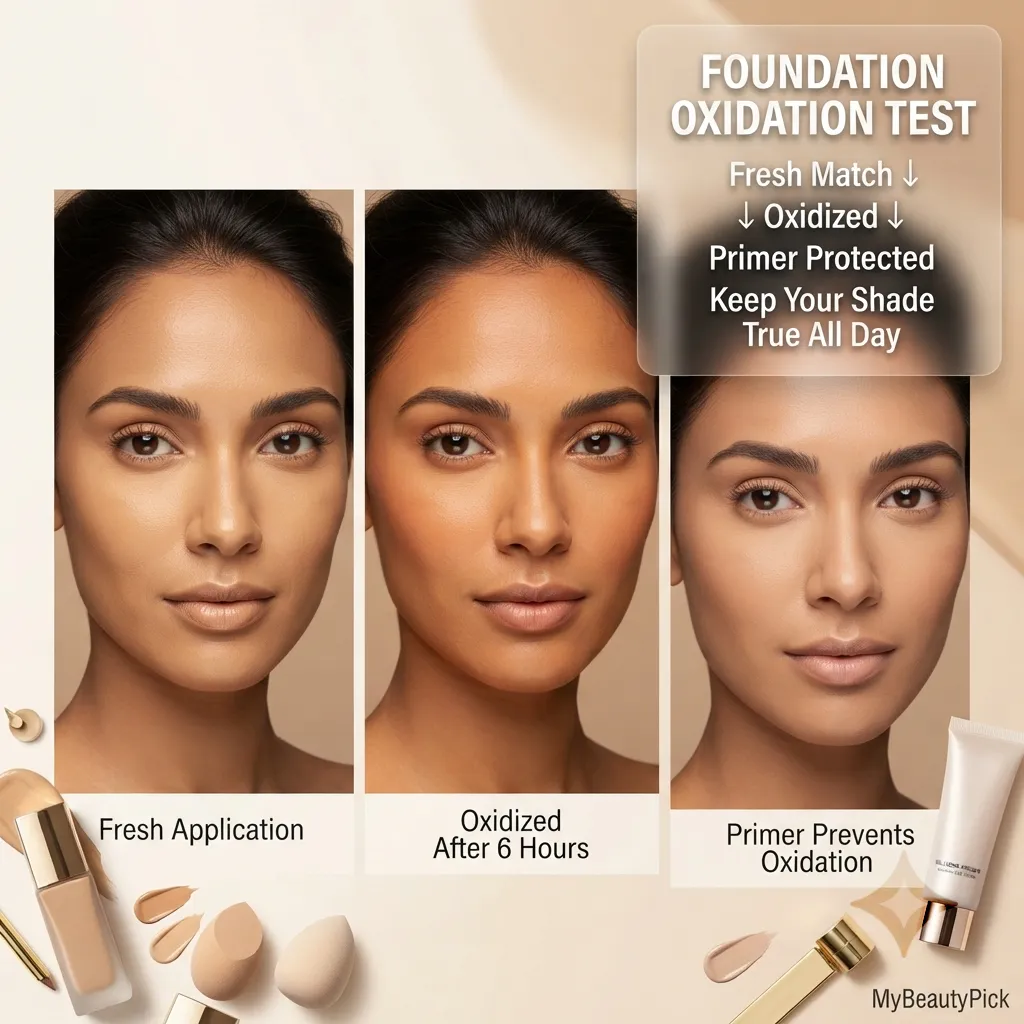 Foundation oxidation test — fresh match, oxidized after 6 hours, and primer preventing oxidation to keep shade true all day