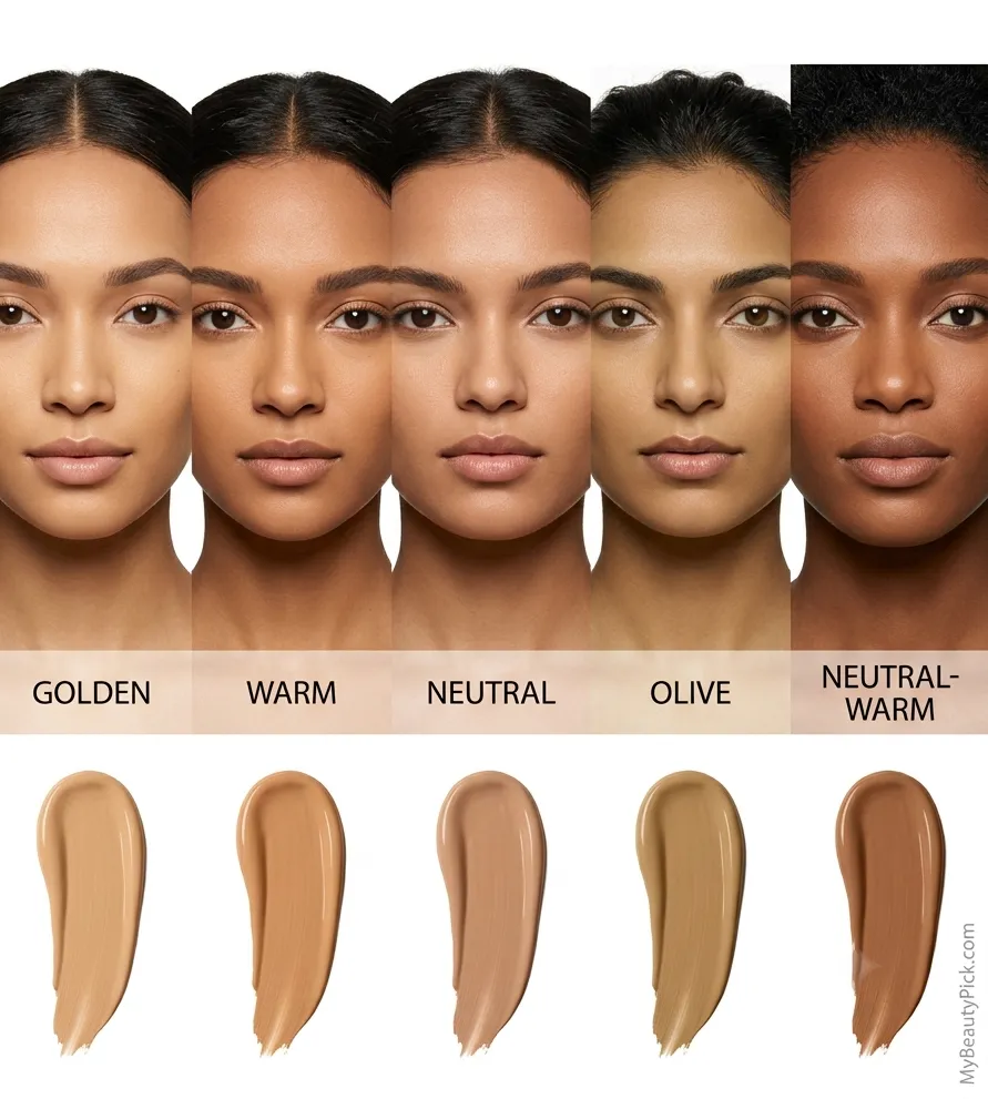 Foundation undertones on five skin tones — golden, warm, neutral, olive and neutral-warm with matching swatches