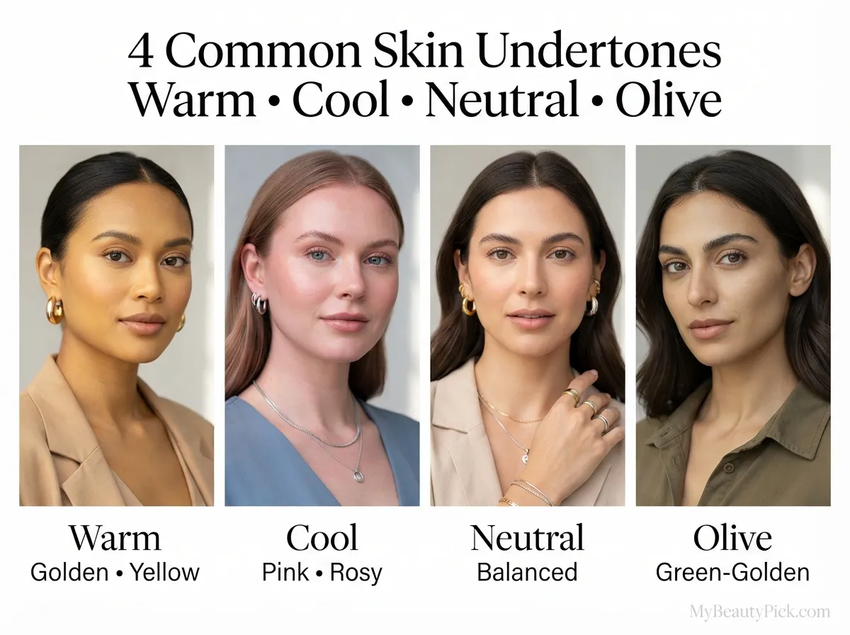 Four common skin undertones — warm golden, cool pink, neutral balanced and olive green-golden