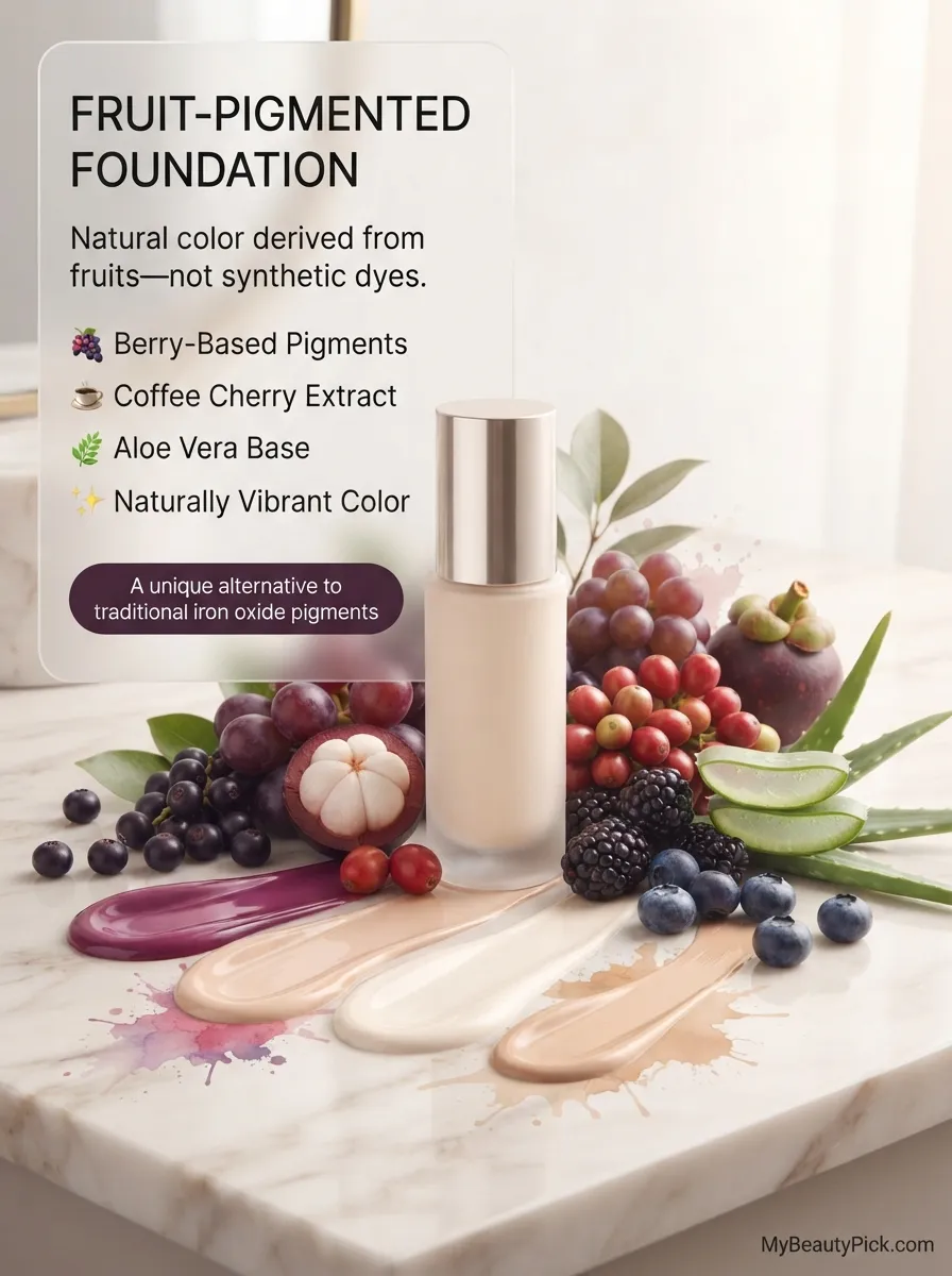 Fruit-pigmented foundation — berry-based pigments, coffee cherry extract and aloe vera base as an alternative to iron oxide pigments