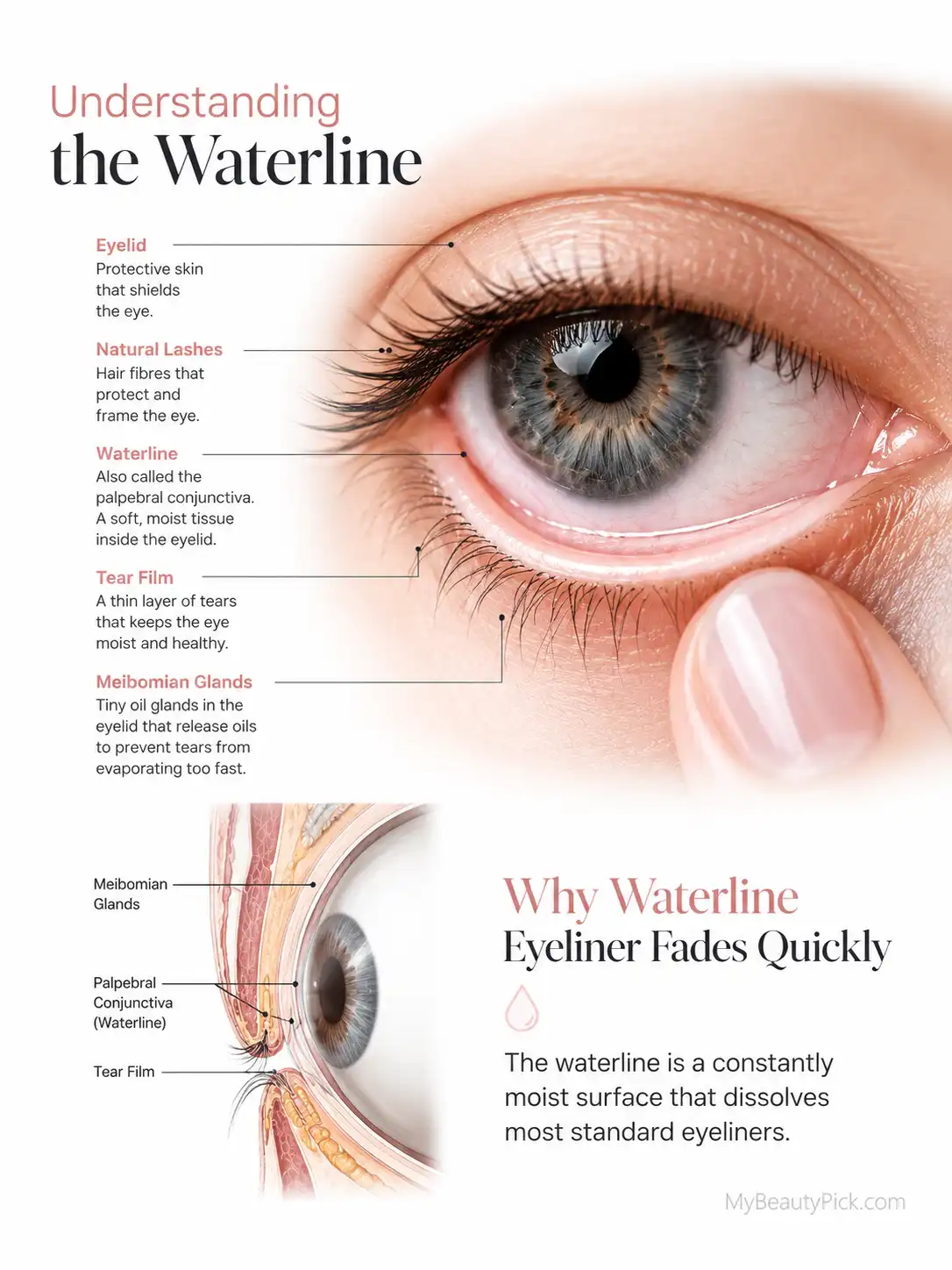 Best Gel Eyeliner for Waterline: Long-Lasting Picks That Actually Stay 2 Diagram of waterline eye anatomy including eyelid, lashes, and tear film