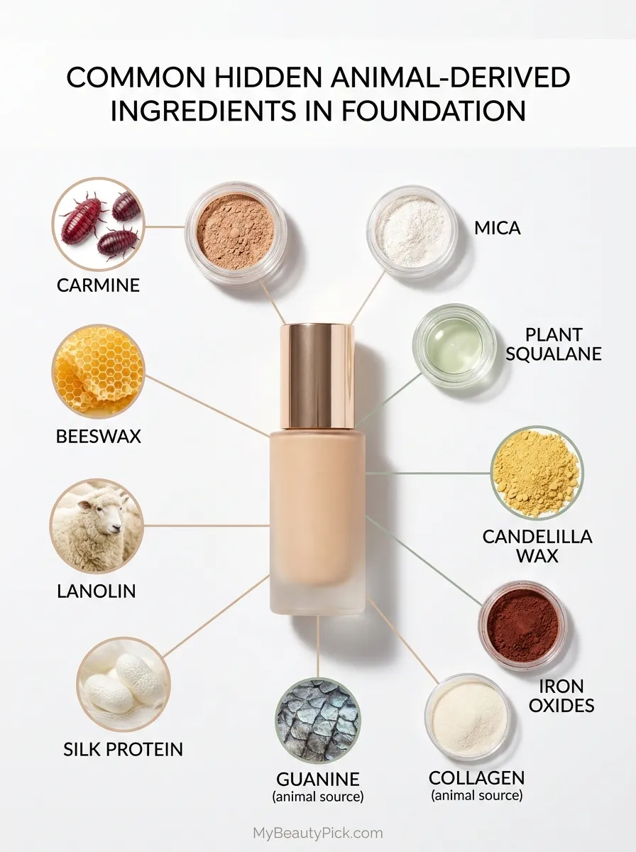 Common hidden animal-derived ingredients in foundation — carmine, beeswax, lanolin, silk protein, guanine and collagen with vegan alternatives