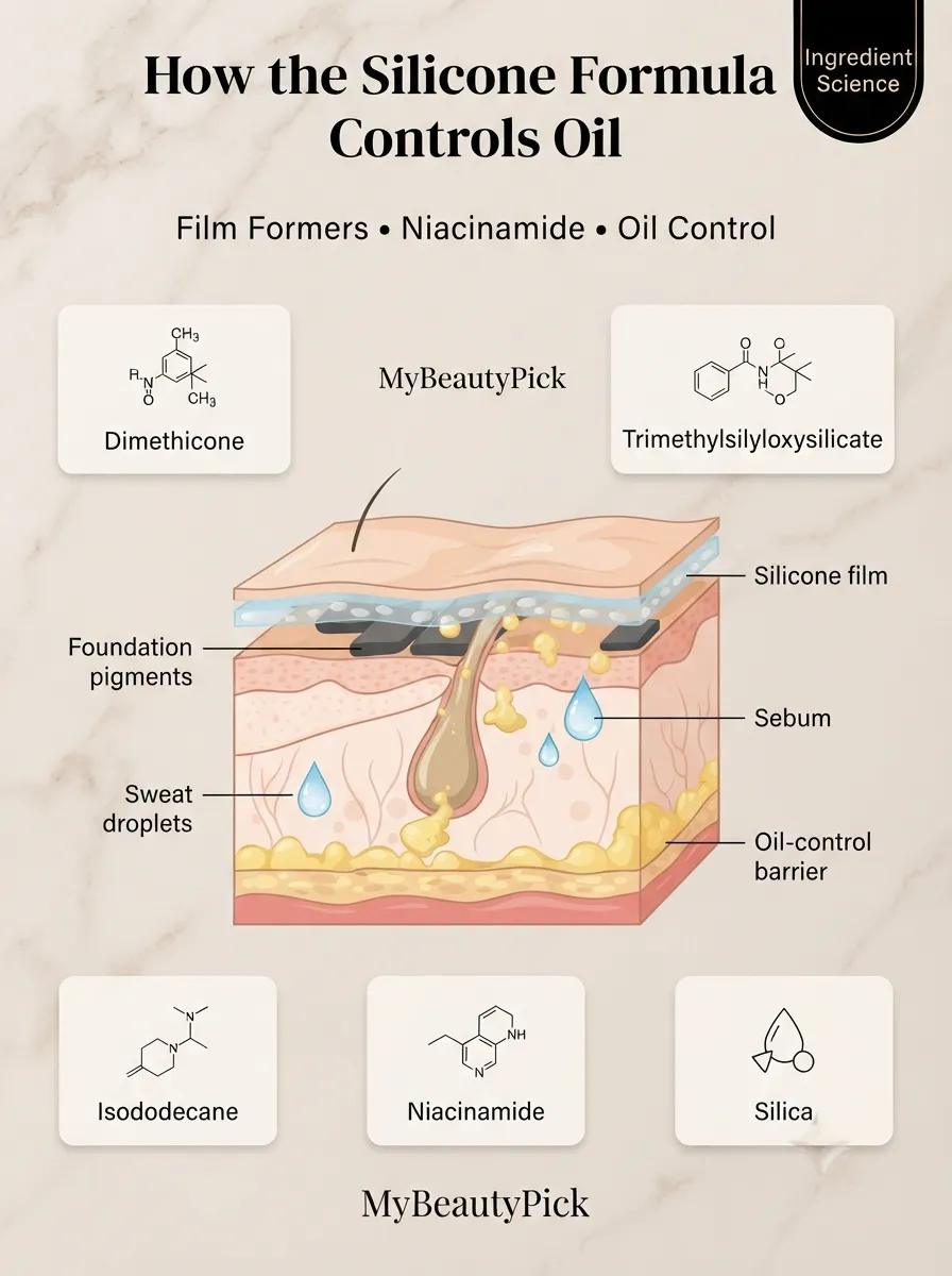 Fenty Beauty Pro Filt'r Foundation review: worth the hype? 4 How Fenty Pro Filt’r silicone formula controls oil — dimethicone film formers, niacinamide and silica create an oil-control barrier