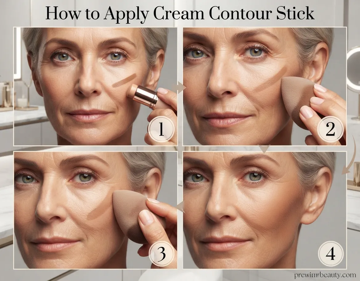 Best Contour Sticks for Mature Skin: Sculpting Without Settling Into Lines 5 Step-by-step how to apply cream contour stick on mature skin — apply thin stroke then blend with damp sponge