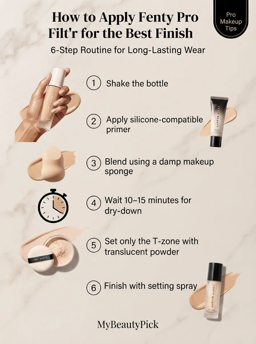 Fenty Beauty Pro Filt'r Foundation review: worth the hype? 5 How to apply Fenty Pro Filt’r for the best finish — shake bottle, silicone-compatible primer, damp sponge, set T-zone only