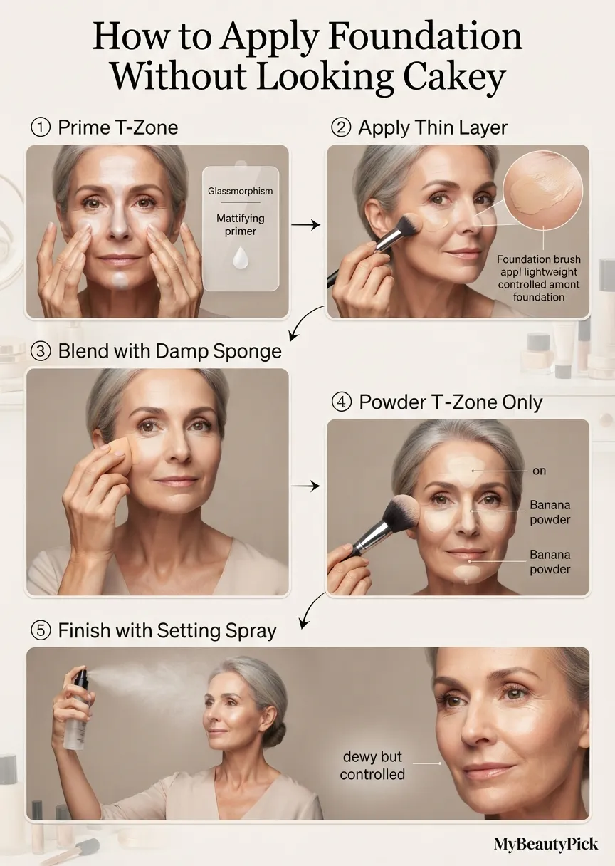 How to apply foundation without looking cakey — prime T-zone, thin layer, damp sponge, powder T-zone only, setting spray