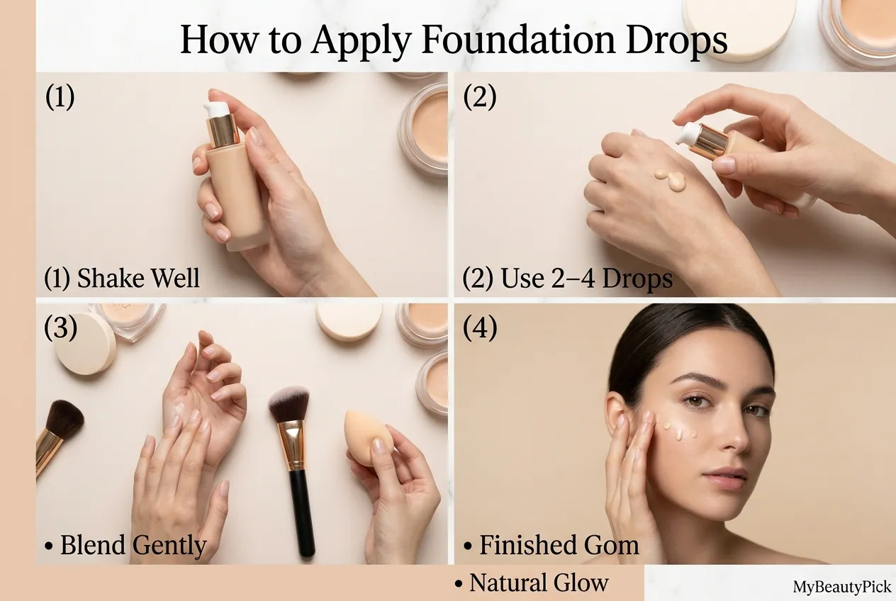 Victoria Beckham Foundation Drops review: high-end serum foundation tested 4 How to apply Victoria Beckham foundation drops — shake well, use 2 to 4 drops, blend gently for a natural glow