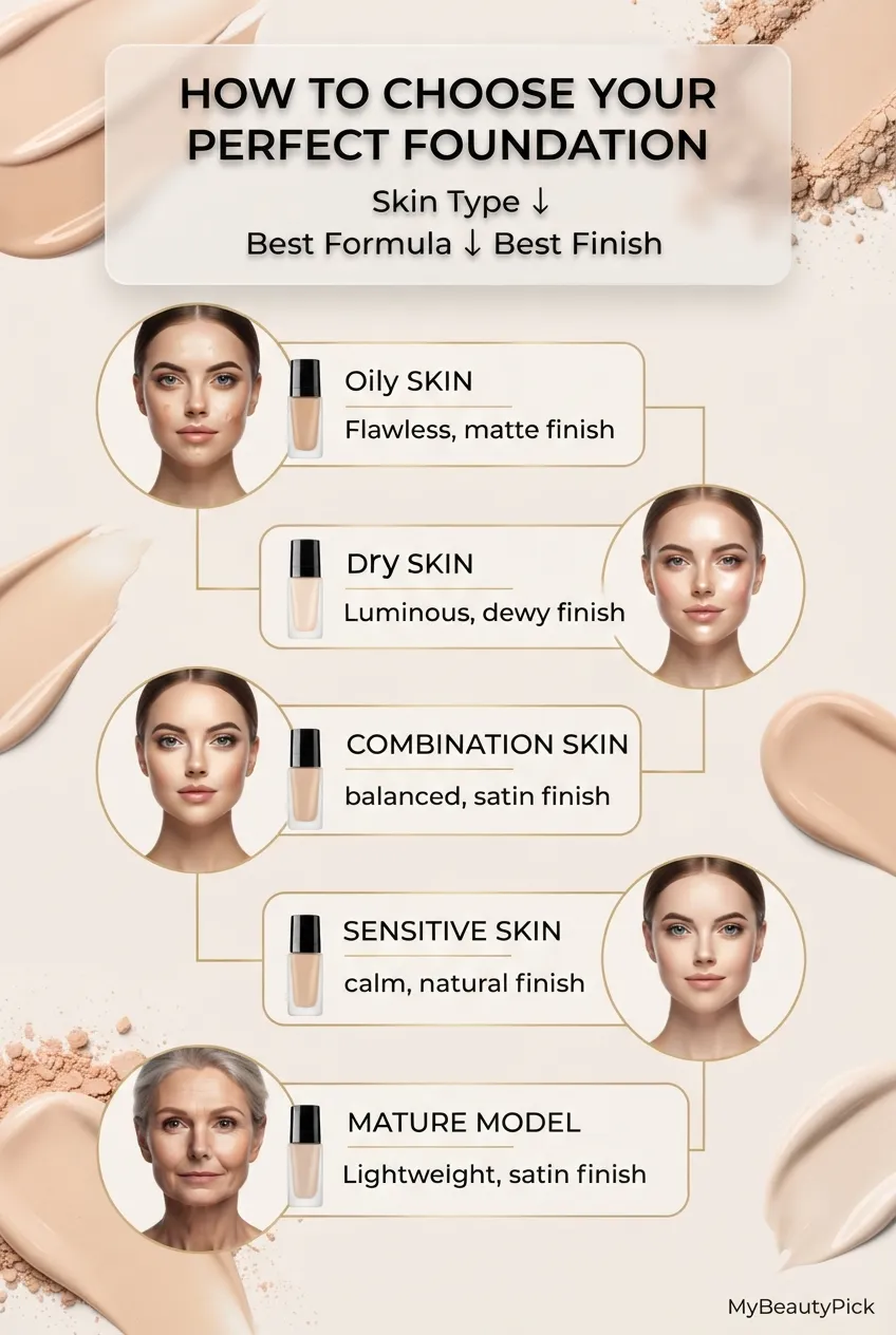 How to choose your perfect foundation by skin type — matte for oily, dewy for dry, satin for combination, calm formulas for sensitive, lightweight for mature skin