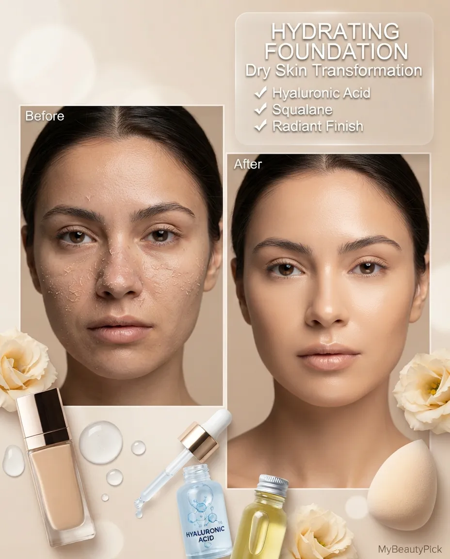 Hydrating foundation transformation on dry skin — hyaluronic acid and squalane give a radiant finish over dry patches