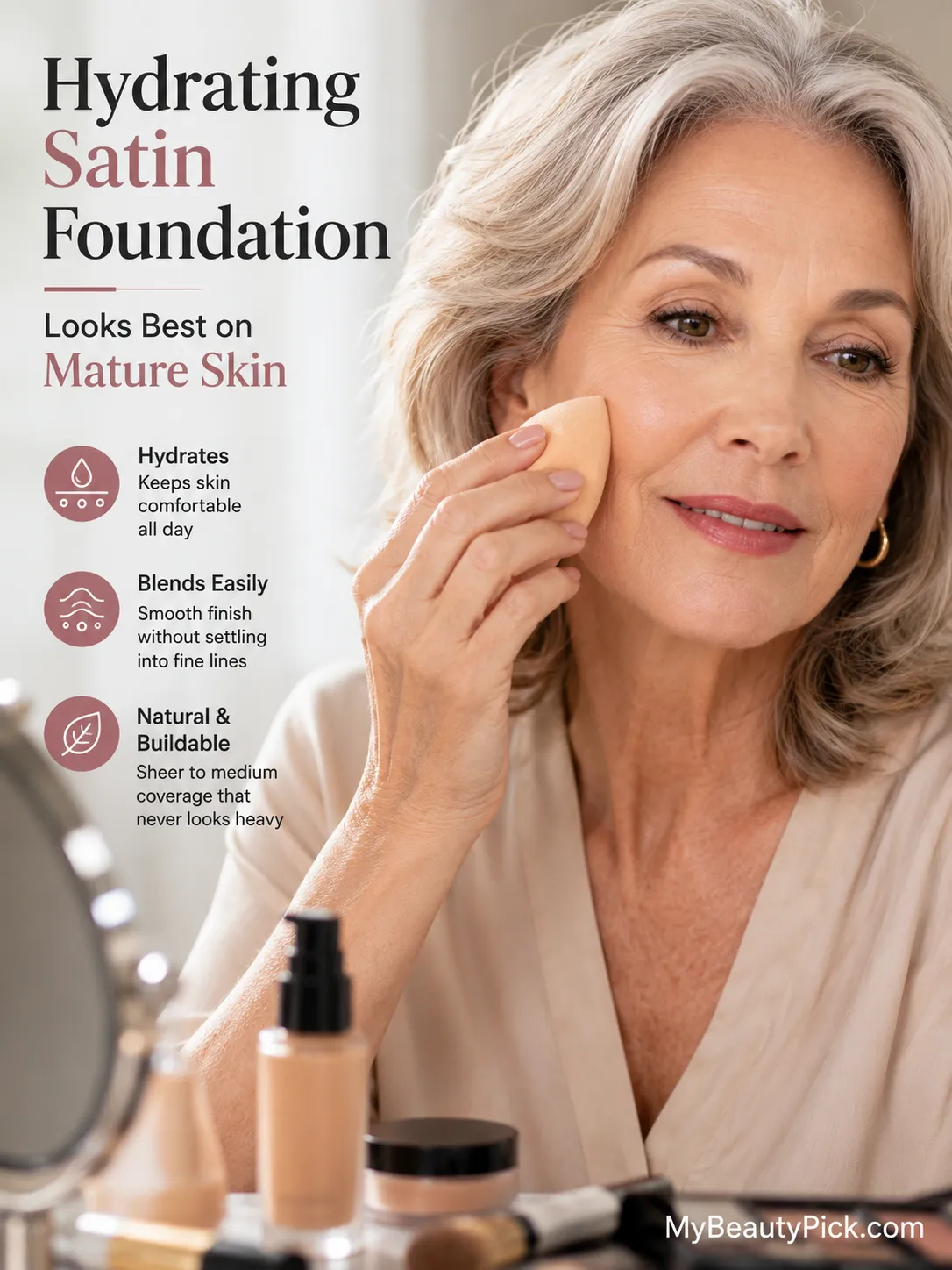 Best drugstore makeup for over 60 4 Hydrating satin foundation looks best on mature skin — hydrates, blends easily and gives natural buildable coverage
