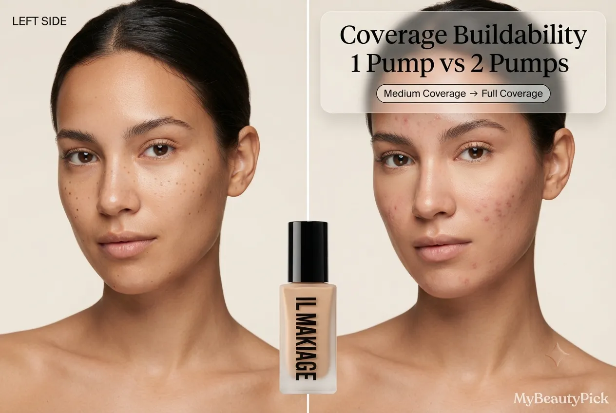 IL Makiage foundation review: shade matching and formula deep-dive 2 IL Makiage foundation coverage buildability — one pump for medium coverage, two pumps for full coverage