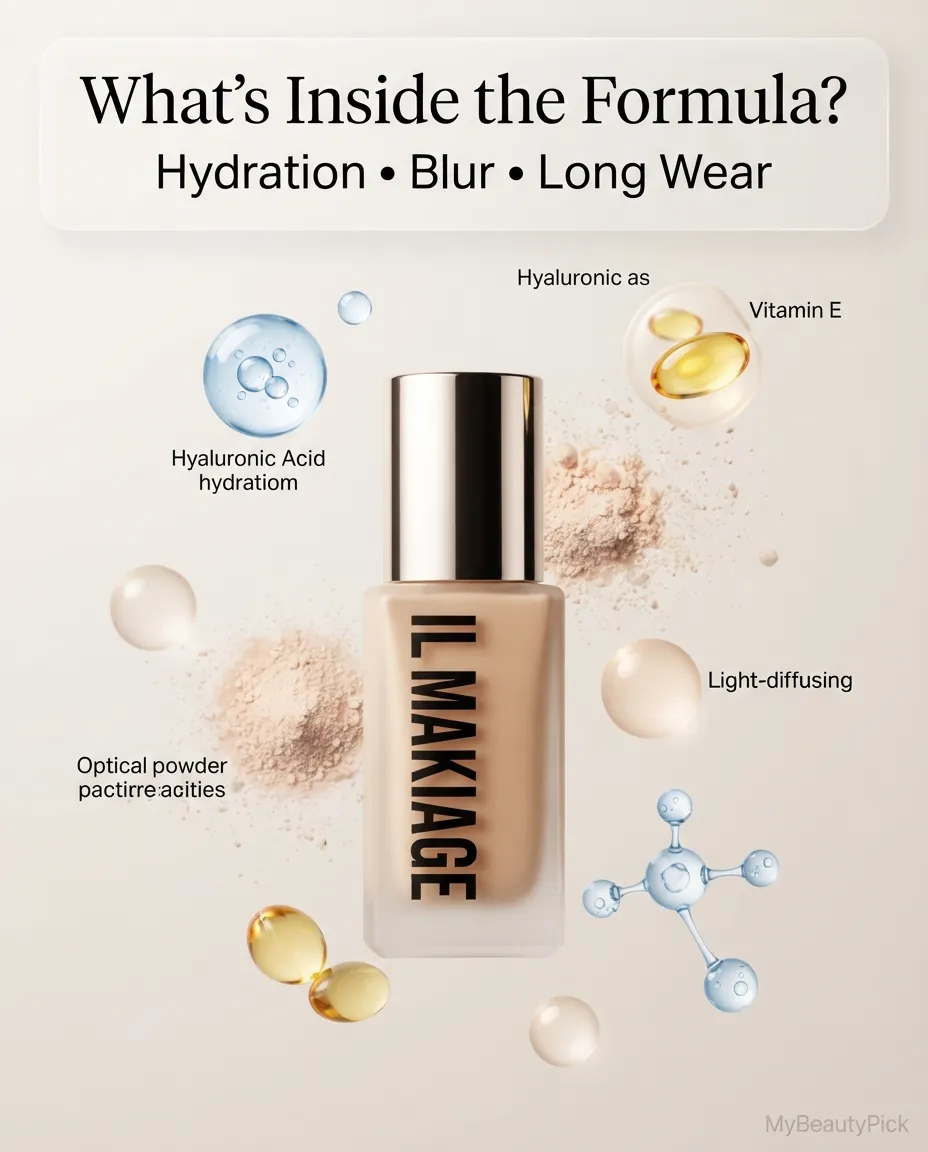 IL Makiage foundation review: shade matching and formula deep-dive 5 What is inside the IL Makiage foundation formula — hyaluronic acid hydration, vitamin E and light-diffusing optical powders