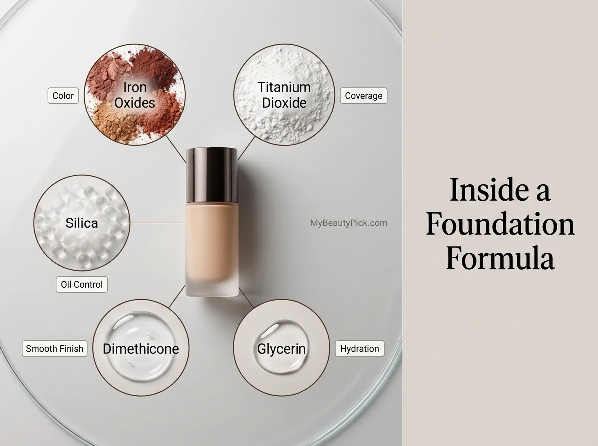 Inside a foundation formula — iron oxides for colour, titanium dioxide for coverage, silica for oil control, dimethicone for smooth finish and glycerin for hydration
