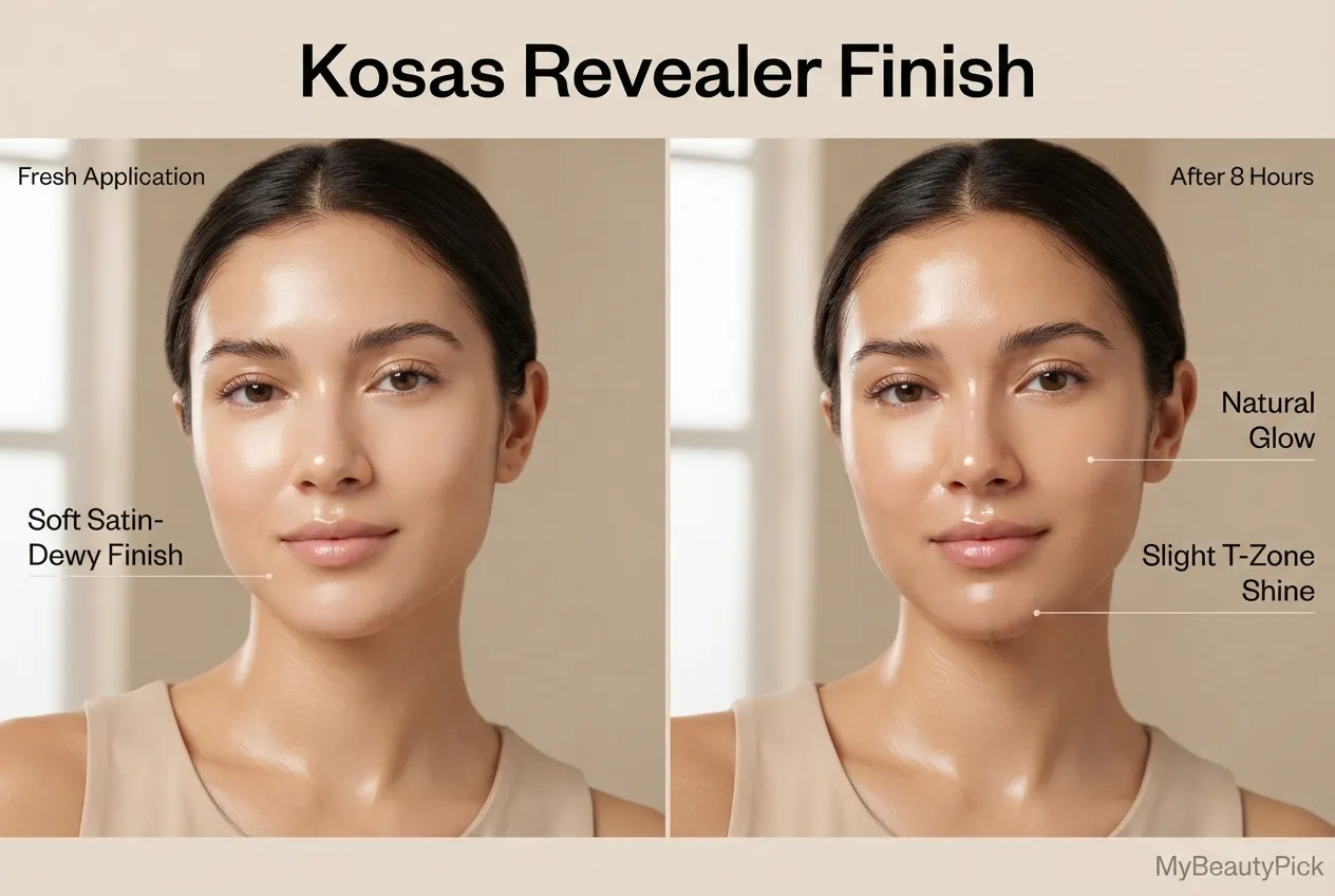 Kosas foundation review: skin-improving formula or just hype? 3 Kosas Revealer finish — soft satin-dewy on fresh application, natural glow with slight T-zone shine after 8 hours