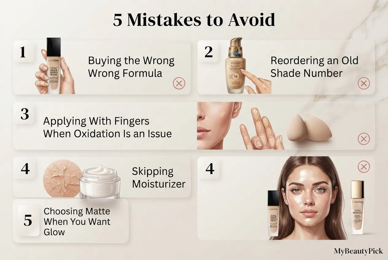 Five mistakes to avoid with Lancome foundation — wrong formula, old shade number, applying with fingers, skipping moisturizer