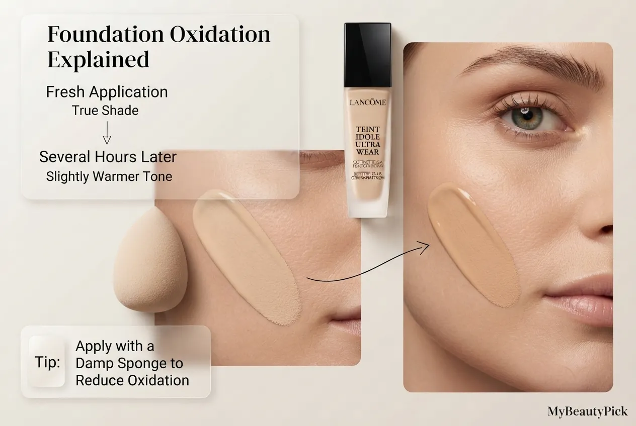 Lancome Teint Idole Ultra Wear oxidation explained — true shade when fresh, slightly warmer tone several hours later