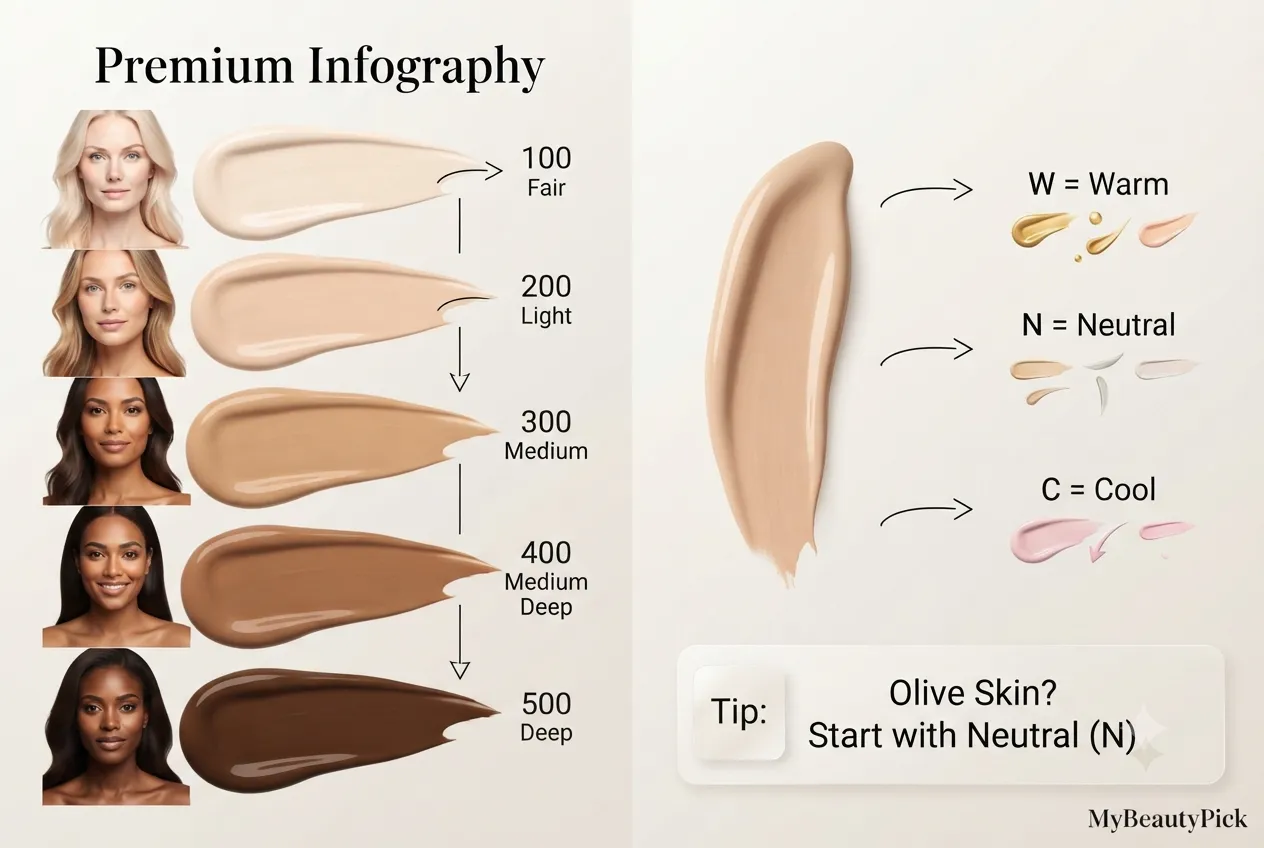 Lancome foundation shade chart — depth levels 100 to 500 with warm, neutral and cool undertones