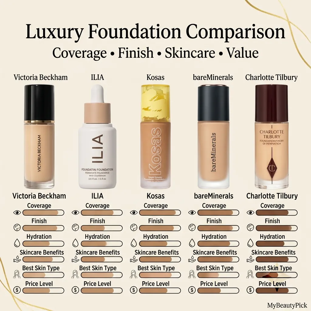 Victoria Beckham Foundation Drops review: high-end serum foundation tested 7 Luxury foundation comparison — Victoria Beckham vs ILIA, Kosas, bareMinerals and Charlotte Tilbury on coverage, finish and value