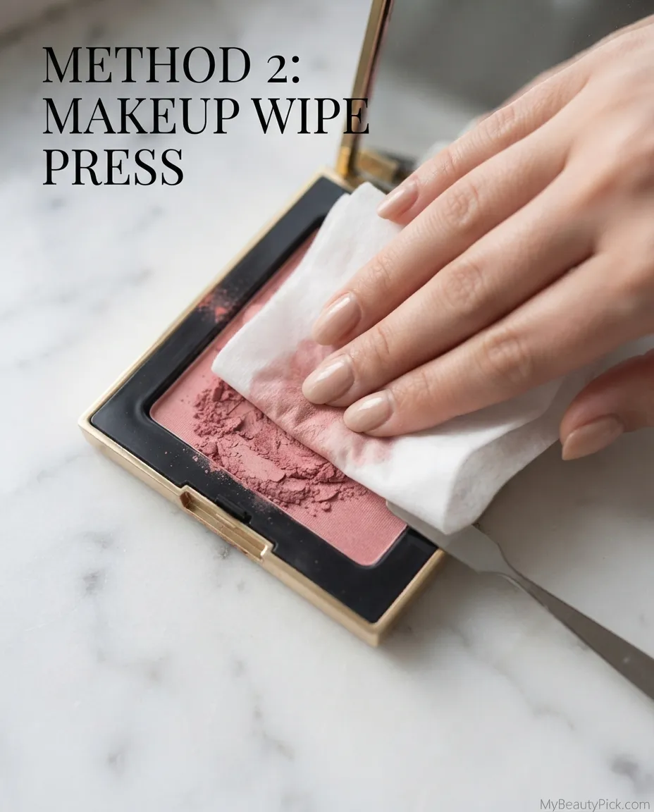 Makeup wipe press method — pressing broken blush back into the pan with a clean makeup wipe