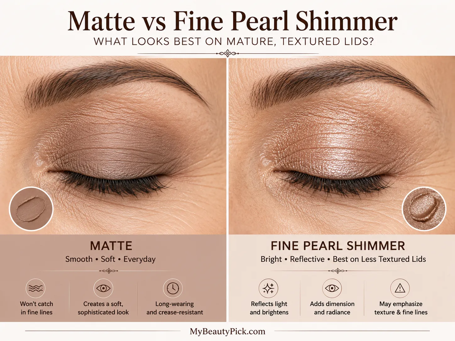 Best cream eyeshadow for mature eyes 3 Matte vs fine pearl shimmer on mature textured lids — matte hides fine lines, shimmer brightens but can emphasize texture