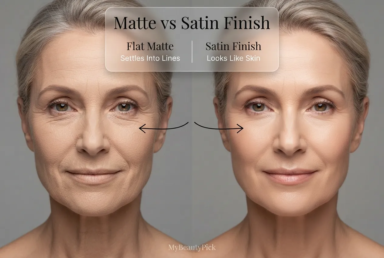 Matte vs satin foundation finish on mature skin — flat matte settles into lines, satin finish looks like skin