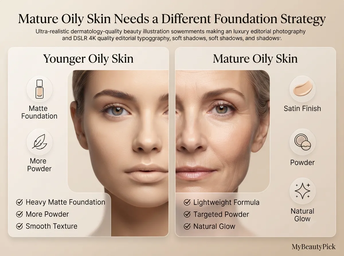Younger oily skin vs mature oily skin — lightweight formula, targeted powder and natural glow strategy