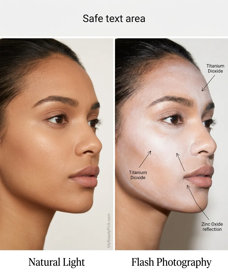 Best mineral foundation: powder and liquid options for sensitive skin 5 Mineral foundation flashback — natural light vs flash photography where titanium dioxide and zinc oxide reflect white