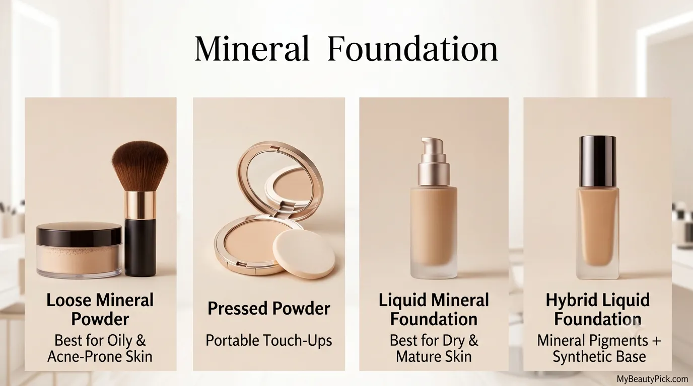 Best mineral foundation: powder and liquid options for sensitive skin 4 Mineral foundation formats — loose powder for oily and acne-prone skin, pressed powder for touch-ups, liquid for dry and mature skin, hybrid formulas