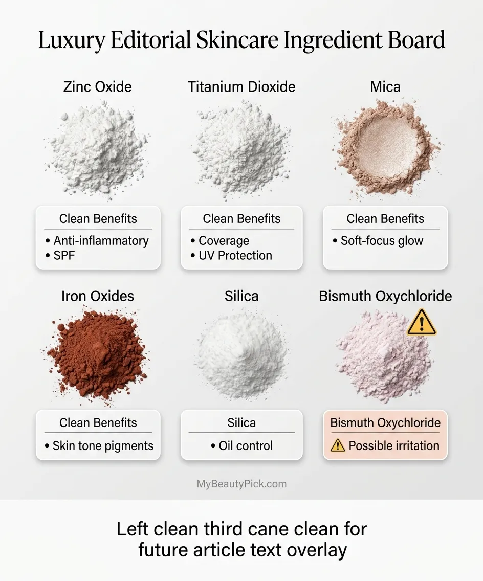 Best mineral foundation: powder and liquid options for sensitive skin 3 Mineral foundation ingredients — zinc oxide, titanium dioxide, mica, iron oxides, silica, and bismuth oxychloride which may irritate