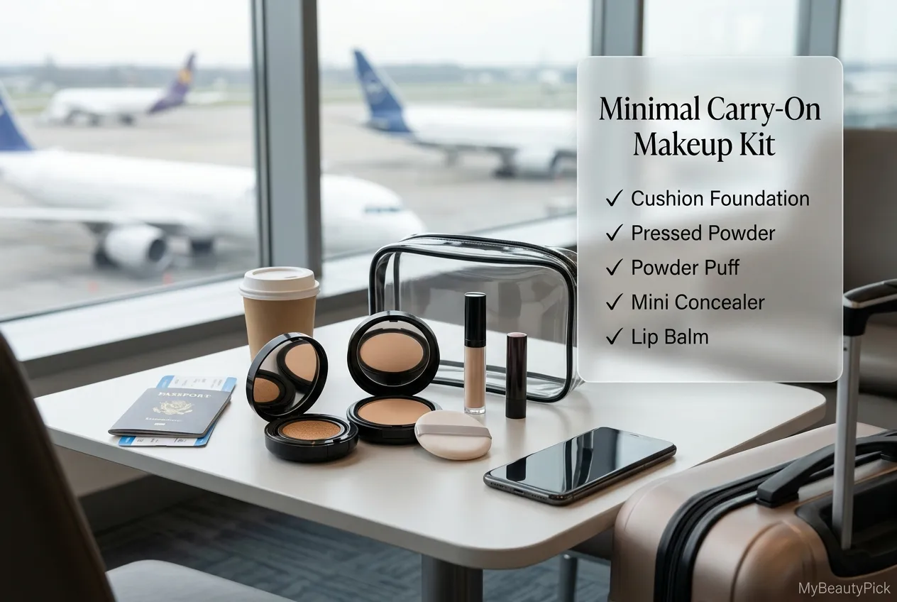 Can You Bring Foundation on a Plane? TSA Rules and Travel Tips 3 Minimal carry-on makeup kit — cushion foundation, pressed powder, powder puff, mini concealer and lip balm