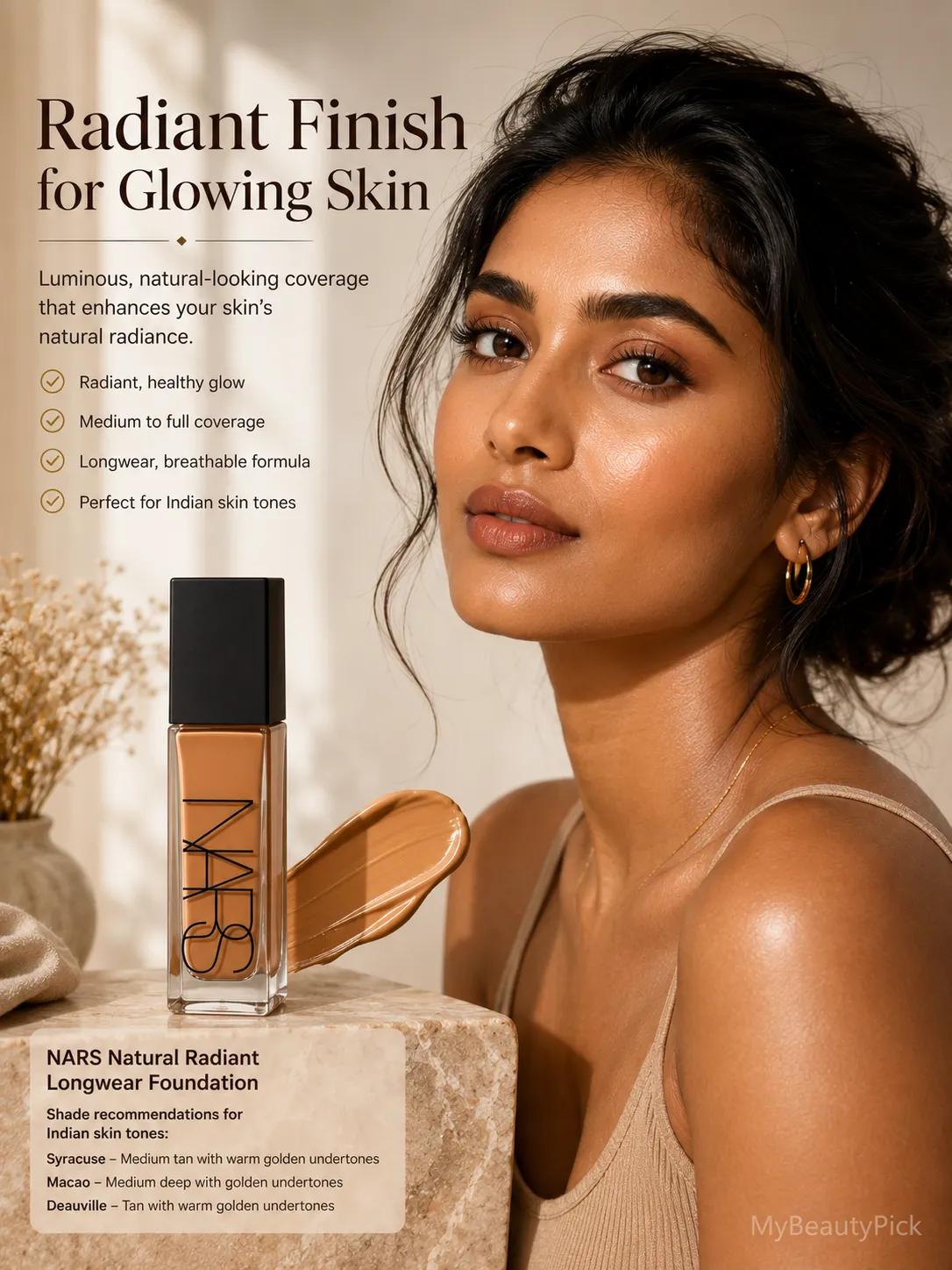 Best Foundation for Indian Skin Tones: Deep and Medium Shades Reviewed 6 NARS Natural Radiant Longwear foundation — radiant finish for glowing skin with shade recommendations for Indian skin tones