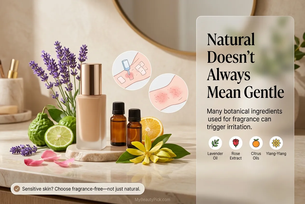 Natural doesn't always mean gentle — botanical ingredients like lavender oil, rose extract, citrus oils and ylang-ylang can trigger irritation