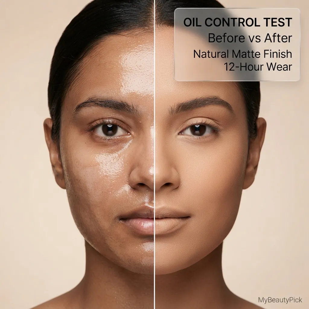 Oil control test before vs after — natural matte finish foundation with 12-hour wear on oily skin