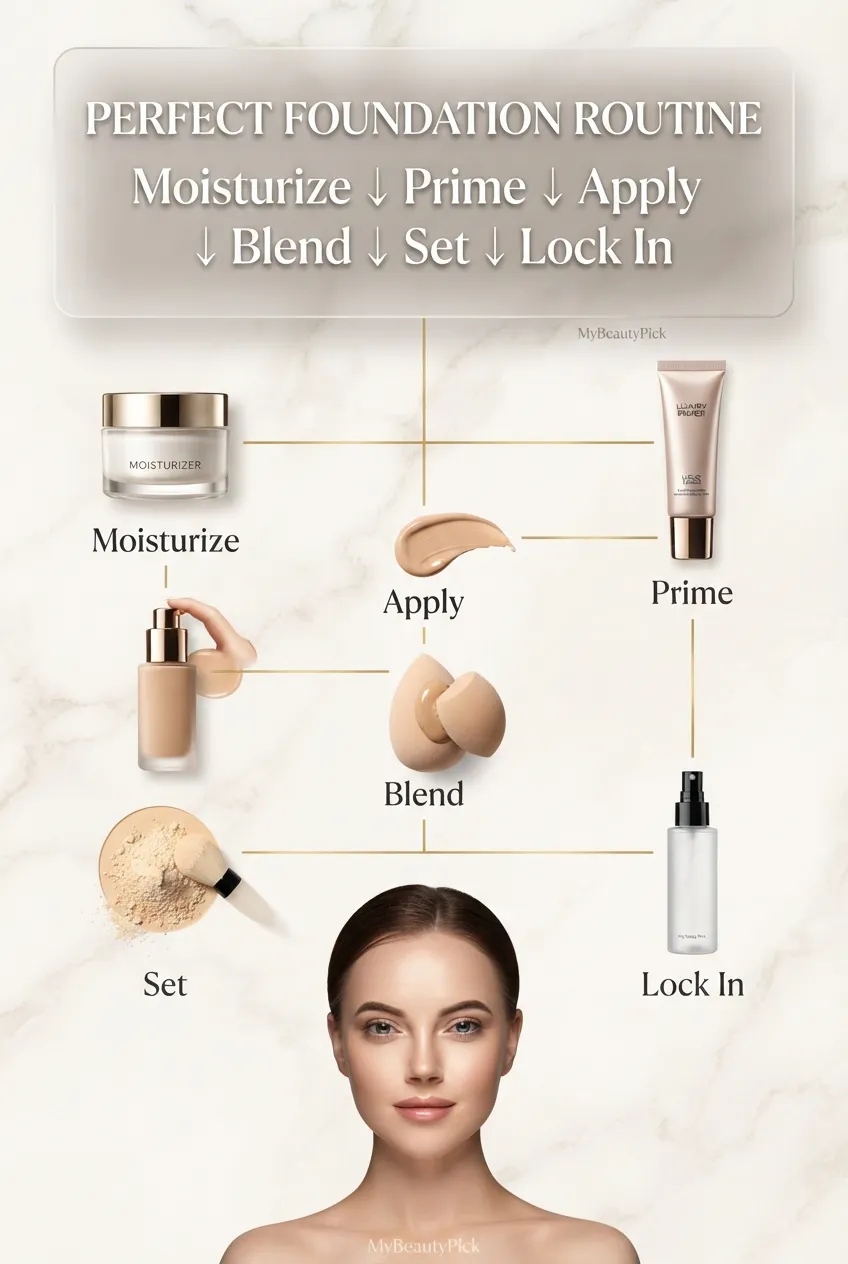 Perfect foundation routine — moisturize, prime, apply, blend, set and lock in with setting spray