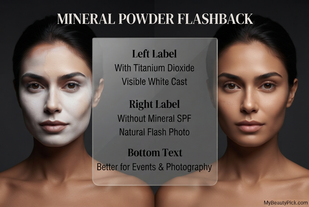Mineral powder flashback test: with titanium dioxide versus without mineral SPF under flash photography