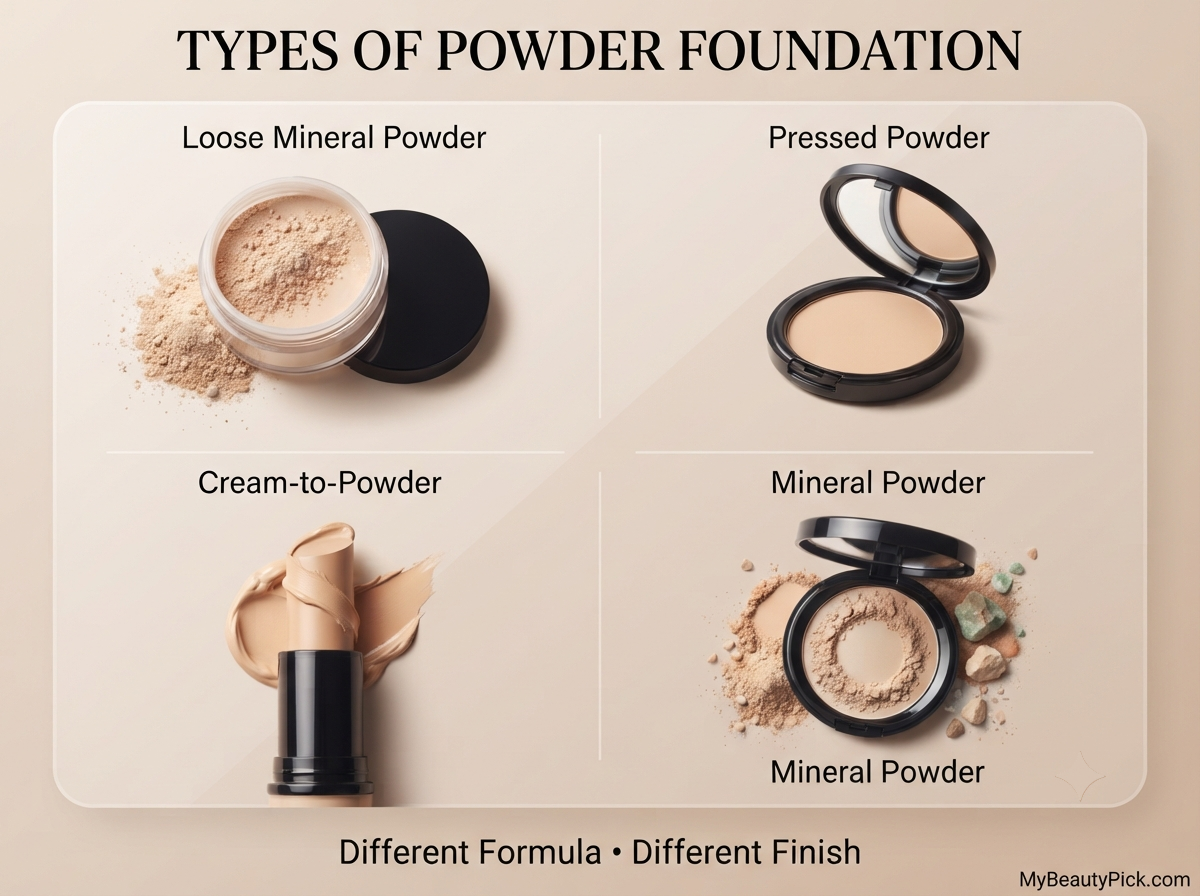 Types of powder foundation: loose mineral, pressed, cream-to-powder, and mineral powder