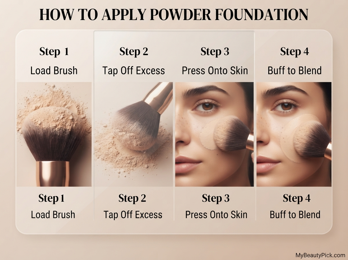 How to apply powder foundation: load brush, tap off excess, press onto skin, buff to blend
