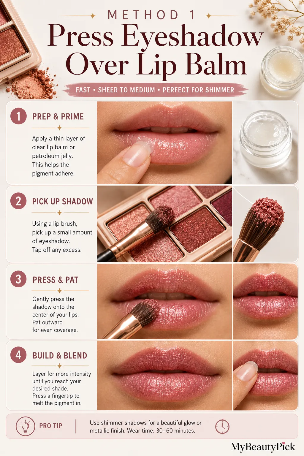 How to use eyeshadow as lipstick 5 Method 1 — press eyeshadow over lip balm: prep and prime, pick up shadow, press and pat, build and blend