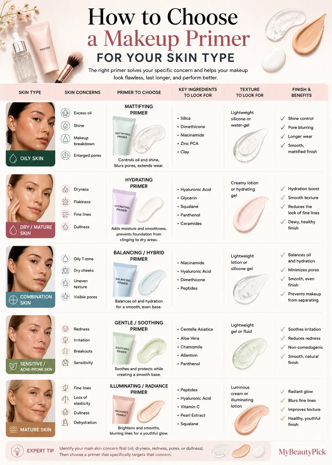 Primer by skin type chart — mattifying for oily, hydrating for dry, balancing for combination, soothing for sensitive, illuminating for mature skin